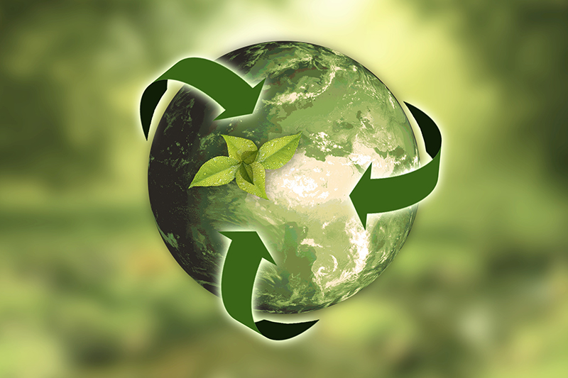 Globe with recycling arrows representing the Ethos Impact Assessment and responsible investing